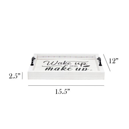Elegant Designs LED Light Up Wooden Serving Tray with Black Handles and Wake up and make up in Black Script, White HG2032-WWM